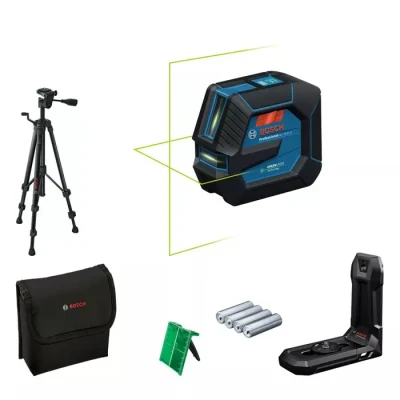 Image de Bosch Professional laser lignes GLL 20 22 G (support de fixation LB 10, vert, pour utilisation en intérieur, alimentation dual power, 2 piles 1,5V LR6, housse protection, trépied BT 150)