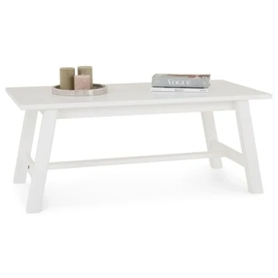 Image de Table basse LUZERNA rectangulaire pour salon en bois massif blanc, 110 x 45 cm, design moderne minimaliste, pieds