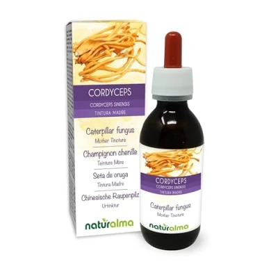 Image de champignon chenille (Cordyceps sinensis ou Ophiocordyceps sinensis) Teinture Mère sans alcool Naturalma Extrait liquide gouttes 120 ml Complément alimentaire Végétalien végan