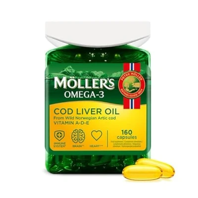 Image de Möller’s ® capsules d’huile de foie morue Acides gras oméga 3 DHA &amp; EPA, vitamines A, D et E, système immunitaire, fonction cardiaque, cérébrale vision 160