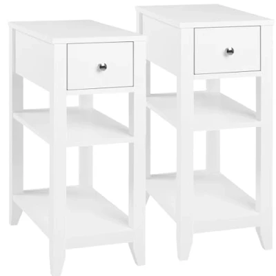 Image de WOLTU Lot de 2 Table Chevet Étroit, Nuit avec 1 Tiroir et Étagères, d&#039;Appoint Rangement, 45x28x66cm, Bout Canapé pour Chambre, Style Moderne, Blanc, NTS02ws
