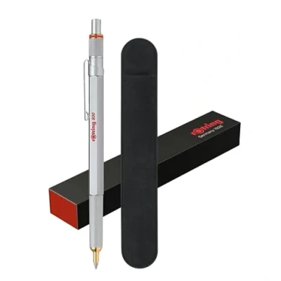 Image de rOtring Stylo à bille 800 Pointe moyenne Encre noire Corps argenté Rechargeable Comprend un étui en velours