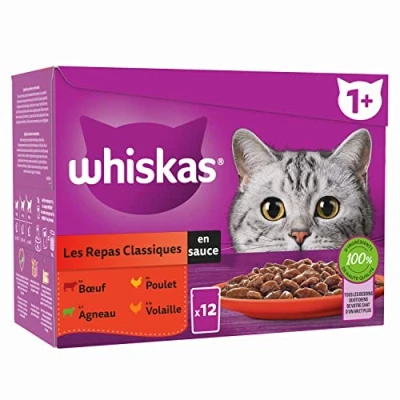 Image de WHISKAS Repas pour Chat 48 Sachets Fraîcheur (Lot de 4 Packs 12x85g) Les Classiques (4 variétés) Pâtée Adulte en Sauce. Nourriture Humide Complète Adaptée aussi Chats Stérilisés