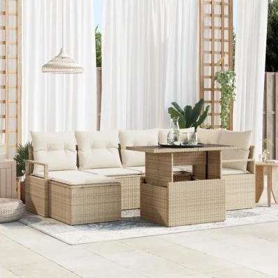 Image de Ensemble de Sofa Jardin 7 pièces vidaXL avec Coussins Beige Poly Rattan, 2 Places Rangement 3357594