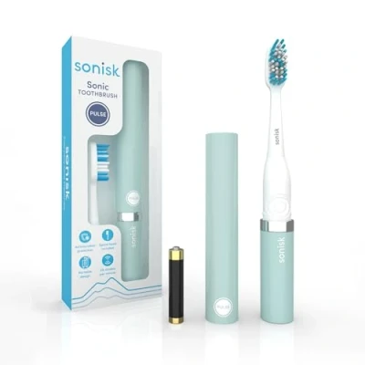 Image de Sonisk Pulse Brosse à dents électrique alimentée par piles Format de voyage portable avec technologie sonique antimicrobienne 1 batterie, 2 têtes brosse, étui transport inclus (bleu