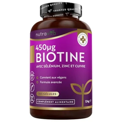 Image de Biotine avec Selenium Zinc et Cuivre 365 Gélules Vegan (1 An) Complement Alimentaire Cheveux Peaux pour Accélère la Pousse Ongles Alternative au Gummies Nutravita