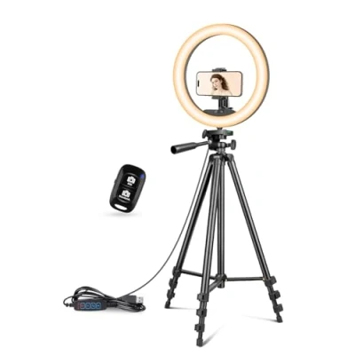 Image de UBeesize Anneau lumineux à selfie avec trépied extensible de 127 cm et support téléphone flexible pour diffusion en direct/vidéo YouTube tutoriel maquillage Dia. 25,4