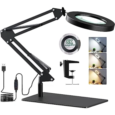 Image de Lampe de Bureau avec Loupe 8X et LED, sur Pied 2 en 1 Base Pince, 3 Modes Couleur,10 Niveaux Luminosité,Lampe Bras Pivotant Réglable pour Artisanat