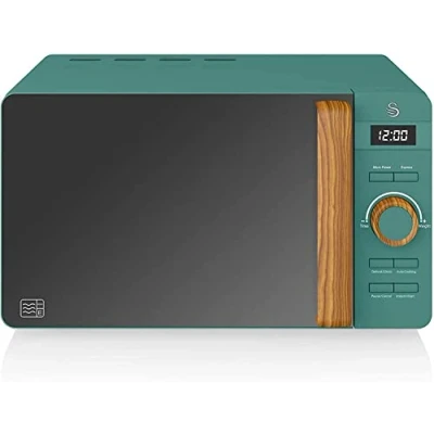 Image de Swan Nordic Micro ondes Numérique 20 L, 6 Niveaux de Fonctionnement, 800 W Puissance, Minuterie 30 min, Nettoyage Facile, Mode Dégivreur, Design Moderne, Poignée Effet Bois, Vert Mat SM22036GRENEUN