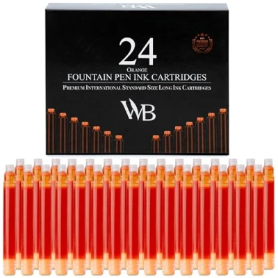 Image de Wordsworth &amp; Black Lot De 24 Recharges D&#039;encre Pour Stylo Plume Cartouches Orange, Taille Standard Internationale, Longueur Appr 1,5&quot;, Diamètre Base 0,24&quot; Jetables Et Génériques