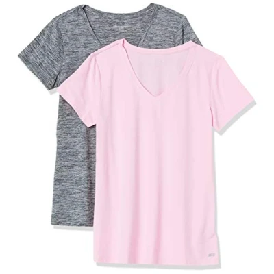 Image de Amazon Essentials T shirt Tech à manches courtes et col en V, extensible (disponible grande taille) Femme, Lot de 2, Gris Teinture Spatiale/Rose Clair, XS