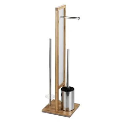 Image de WENKO Combiné WC Rivalta 3 en 1 brosse et Dérouleur Papier Toilette Stockage Tête de remplaçable Bambou, Acier inox verre trempé 18x70x23 cm Bambou
