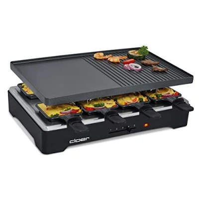 Image de Cloer 6446 Gril avec Plaque en Aluminium moulé sous Pression utilisable des Deux côtés, 8 poêles à raclette revêtement antiadhésif poignées calorifugées, 1200 W, Noir