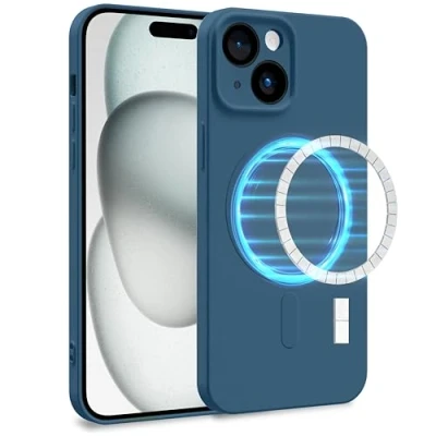 Image de MyGadget Coque Silicone [ Compatible avec MagSafe ] Apple iPhone 15 Case TPU Souple &amp; Soft Doublure Microfibre Cover Protection Bleu Foncé