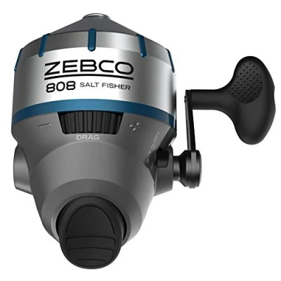 Image de Zebco 808 Moulinet de pêche spincast en Eau salée, Couvercle Acier Inoxydable avec Insert ABS, Quickset Anti Retour et Alerte Morsure, pré bobiné Ligne Cajun 9 kg,