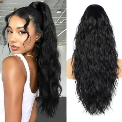 Image de Extension Cheveux Naturel de 66cm, Queue Cheval Longue, Ponytail Ondulée, Postiche avec Cordon, Synthetic (Couleur: 1B#)