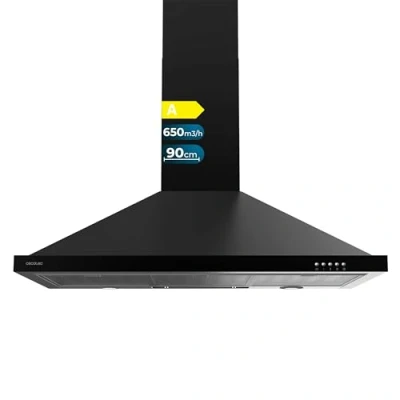 Image de Cecotec Hotte aspirante 90 cm Pyramidale Bolero Flux PM 906500 Black A. Moteur 165 W, Finition noire, Aspiration 650 m3/h, Commande mécanique, 3 niveaux de puissance, Lumière et Filtre à charbon
