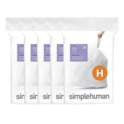 Image de simplehuman Code H Lot de 100 sacs poubelle avec cordon serrage en paquets distributeurs, 30 à 35 litres, blanc
