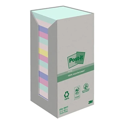 Image de Post it Notes Recyclées, Couleurs Assorties, Pack de 16 Blocs, 100 Feuilles par Bloc, 76 mm x mm, Vert, Rose, Jaune, Bleu Autocollantes Fabriquées avec du Papier Recyclé à 100%