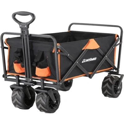 Image de EchoSmile Chariot Pliable avec Poignée Réglable, Grandes Roues Pivotantes à 360, Capacité de 160 KG, Tout Terrain pour la Plage, Le Camping &amp; Les Courses,Noir Orange