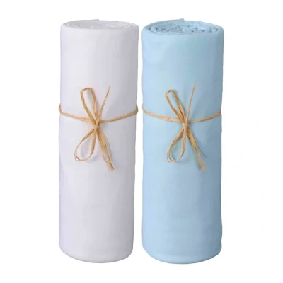 Image de P&#039;tit Basile Drap Housse 70x140 cm Lot de 2 draps en Jersey peigné 100% Coton Bio Blanc et Bleu pour Matelas bébé Enfant Dimensions 60x120 ou Extensible sans Repassage