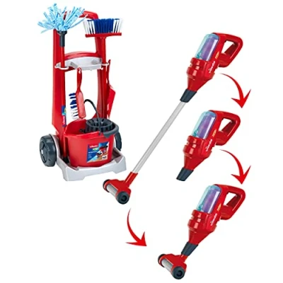 Image de Theo Klein 6720 Chariot de ménage Vileda avec aspirateur électronique Upright Accessoires : Balai, Balai à Franges, Seau, etc. Dimensions 29 x 24 60 cm pour Enfants partir 3 Ans