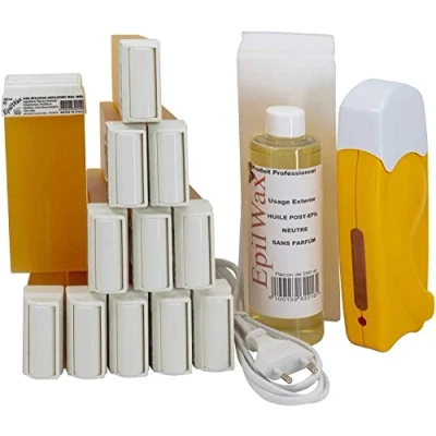 Image de EpilWax Kit d&#039;Épilation Solo Complet avec : 1 chauffe cire epilation professionnelle 12 Roll On de Pro Miel de100 ml, 100 bandes epilation, 250 ml huile après (Solo Série 12)