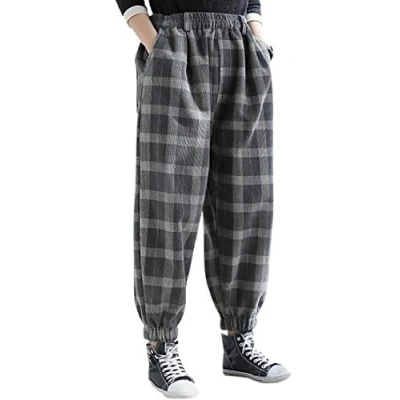 Image de Bigassets Femmes Taille Elastique Plaid Sarouel Coton Pantalon en Velours côtelé avec Poches Style 2 Orange