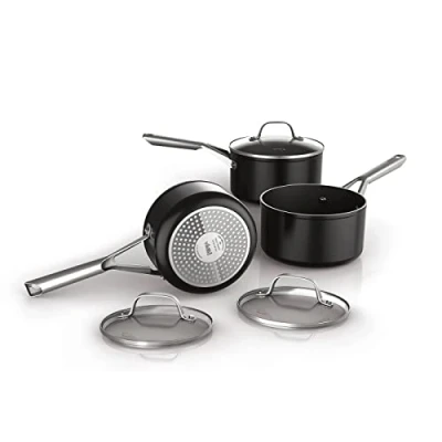 Image de Ninja ZEROSTICK Essentials Batterie de cuisine 3 pièces avec couvercles en verre, antiadhésifs, longue durée, ensemble poêles aluminium forgé, compatible induction, passe au four jusqu&#039;à 260 C,