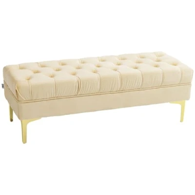 Image de HOMCOM Banc Banquette capitonnée Bout de lit Style Classique Chic dim. 118L x 45l 42H cm piètement métal doré Velours Beige