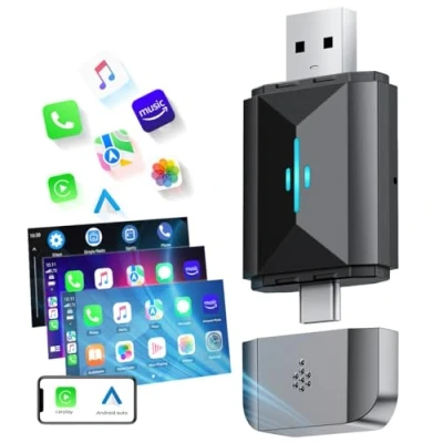 Image de Volam Adaptateur 2 en 1 pour Carplay sans Fil et Android Auto, Wi FI 5 GHz Plug and Play, convertit Filaire Carplay/Android Auto