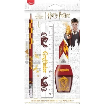Image de Maped Set de Papeterie Gryffondor 4 Pièces 1 Règle Transparente 15cm + Taille Crayons Trou Gomme Crayon Papier HB Licence Harry Potter Officielle