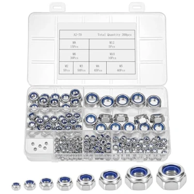 Image de Bczhieulw 200 PCS Assortiment de Contre Écrous, Écrou Blocage Autobloquant en Acier Inoxydable, Écrous Hexagonaux, Inserts Filetés M2、M3、M4、M5、M6、M8、M10、M12, Nylon