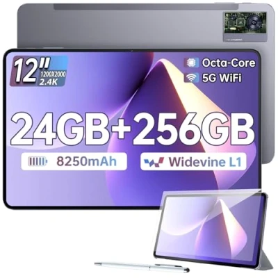 Image de OUKITEL OT5S Tablette Android 14 12 Pouces 24Go RAM + 256Go ROM(TF 2To) Tactile,8250mAh/18W, 16MP+8MP，Dual 4G LTE/5G WiFi/BT5.0/GMS/GPS/Widevine L1/Facial ID Gris
