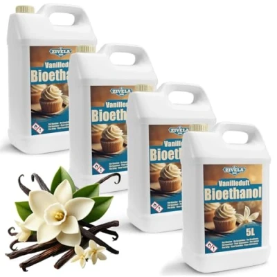 Image de bioéthanol 96,6 % 20 l Alcool bio Parfum vanille 4 x 5 pour cheminée, cheminée de table, au Combustion propre, sans fumée, flamme vive et
