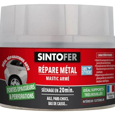 Image de SINTOFER Répare Métal Armé Reconstitue et Colmate Trous Perforations Tous Métaux, Même Très Rouillés Intérieur Extérieur Sans Styrène Sec en 20min Technique Professionnelle 190g