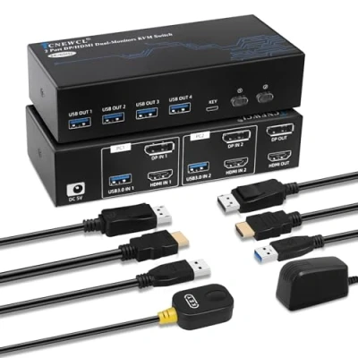 Image de TCNEWCL 4K 120Hz Switch KVM HDMI Displayport 2 PC Écrans 8K 60Hz Commutateur DP 1.4 2.1 USB 3.0, Supporte le Mode Étendu et Copie, avec Contrôleur de bureau Câbles HDMI+DP+USB