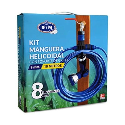 Image de S&amp;M 548635 Kit Tuyau hélicoïdal Bleu 10 mètres (9 mm diamètre) + Pistolet Multifonction 8 Jets Automatique Filetage Femelle avec Adaptateur ¾ ½ connecteur Rapide Support Robinet