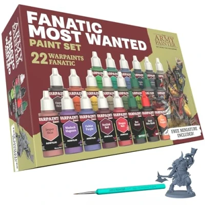 Image de The Army Painter Warpaints Fanatic: Most Wanted Combo Set, 22 x 18 ml Peintures Acryliques incl. Teintes de Peau, Métalliques, Effets, Lavis, Apprêt, 1 Pinceau &amp; Figurine Peinture D&amp;D Warhammer.