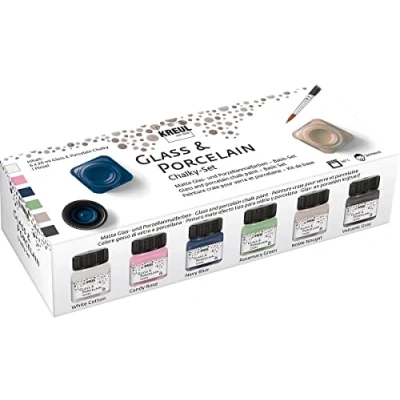 Image de KREUL 16602 Glass &amp; Porcelain Chalky Set de 6 pots Peinture à effet craie pour verre et porcelaine 20 ml avec 1 pinceau base d’eau opaque, douce mate