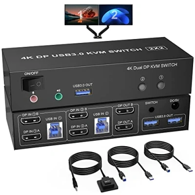 Image de USB 3.0 KVM Double écran Displayport, 4K@60 Hz à affichage étendu Commutateur Displayport 2 entrées Sorties avec sortie microphone audio et 3 3.0, Moniteur PC Clavier Souris
