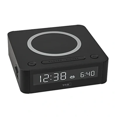 Image de TFA Dostmann Réveil numérique Easy Charge Wireless, 60.2030.01, avec Station de sans Fil, écran Couleur, Alarme 2 Niveaux Volume, Fonction Snooze, Noir
