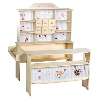 Image de roba Marchande en Bois Café &amp; Shop pour Garçons et Filles de 3 Ans plus 8 Compartiments , 6 Tiroirs 2 Comptoirs Facile à Monter Naturel / Motif Glace