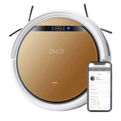 Image de ZACO V5x robot Aspirateur laveur connecté pour poils animaux tapis parquet sols durs, autonome sans fils avec Wifi, app, alexa, télecommande, 8.1cm plat, 120min, silencieux