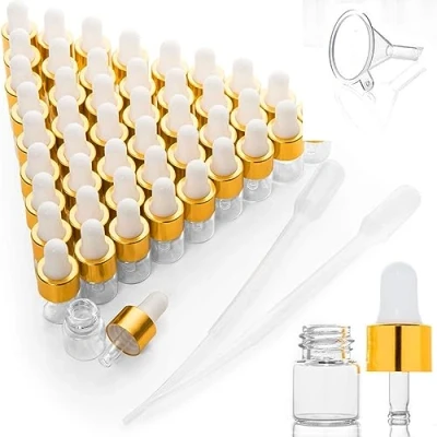 Image de 50 Pack mini flacons compte gouttes vides en verre avec bouchons dorés,flacons d&#039;échantillons de parfum pour huiles essentielles, corporelles et liquides (1 ml)