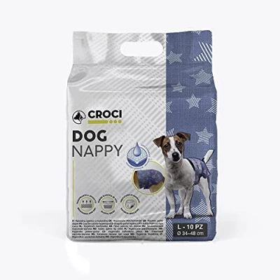 Image de Croci Dog Nappy Jeans Lot de 10 Culottes absorbantes pour Chiens Femelles Taille L Ø 34 48 cm Couche hygiénique Cycle et Pipi Chien Anti odeurs jetables Fermeture adhésive réglable