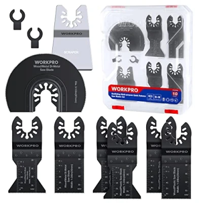 Image de WORKPRO 10 Lames de Scie Oscillantes, Coffret des Accessoires d&#039;Outil Multifonction Oscillant, Lame Universelle pour Bois, Clous, Métal, Plastique, etc