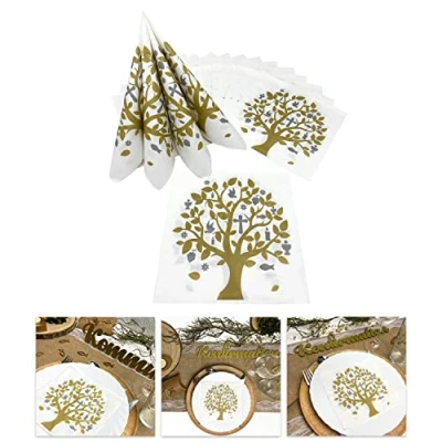 Image de Oblique Unique® Lot de 20 serviettes table motif arbre vie pour communion, baptême, confirmation, baptême