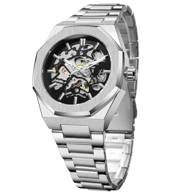 Image de FORSINING Montre automatique pour homme mécanique octogonale étanche à la mode squelette unique Bracelet en acier inoxydable argenté de luxe, argenté,