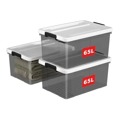 Image de Cetomo 65L * 3, boîte de rangement en plastique, fourre tout, récipient d&#039;organisation avec couvercle durable et boucles verrouillage sécurisées, Lot noir transparent boucle noire